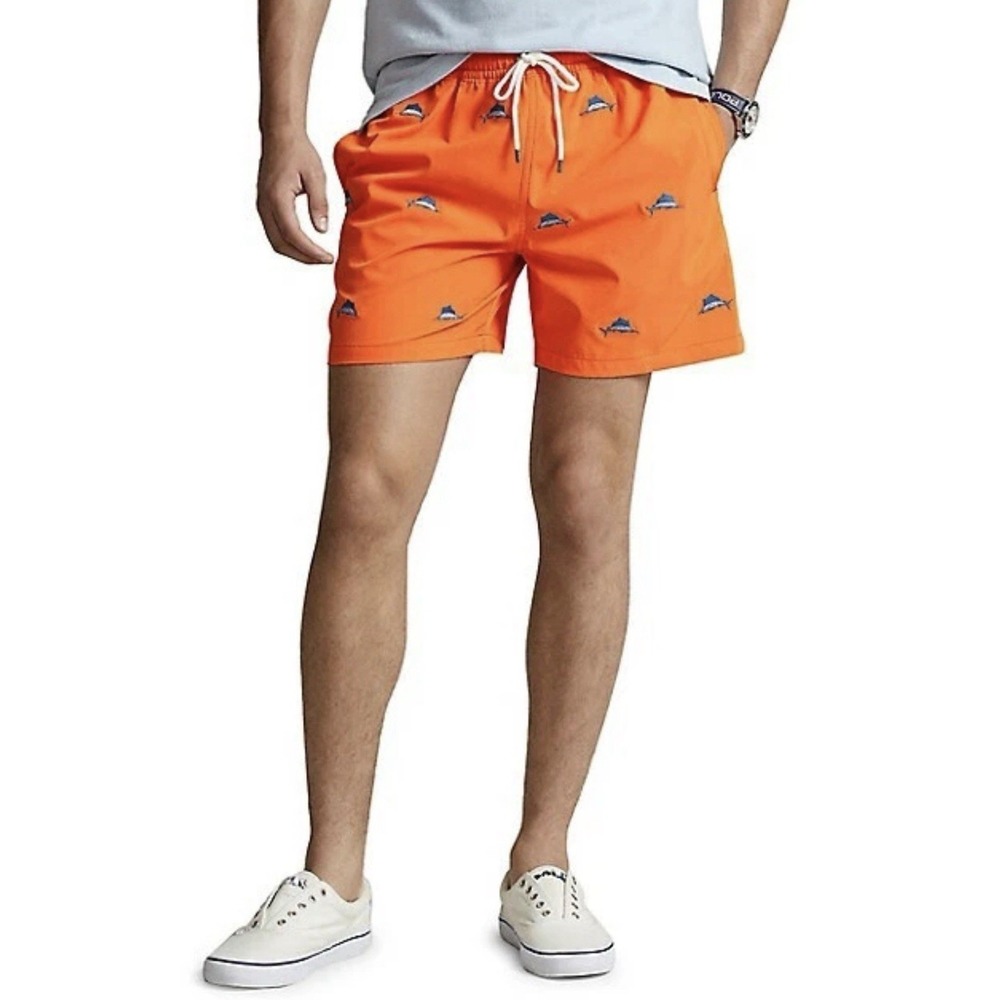 Polo Ralph Lauren Traveler Classic Swim Trunks Orange W Embroidered Sharks Sz L